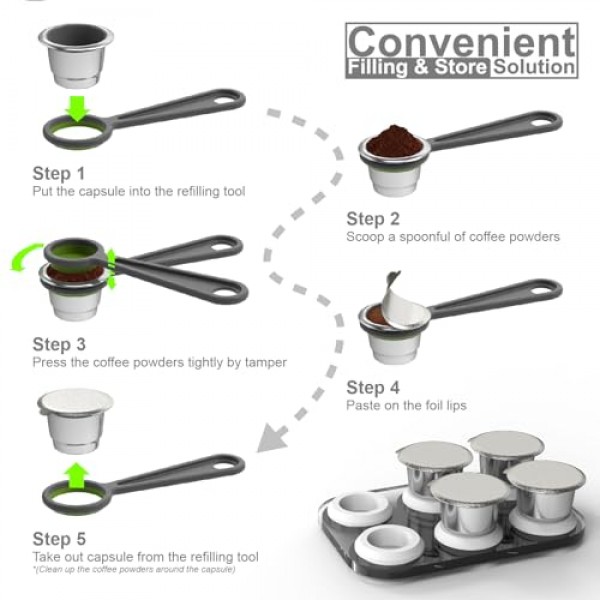 Nespresso OriginalLine용 재사용 가능한 캡슐 - 리필 가능한 커피 포드 6개, Nespresso OriginalLine 머신과 호환되는 스테인리스 스틸 컵(포드 6개 + 뚜껑 100개 + 트레이 + 리필 도구