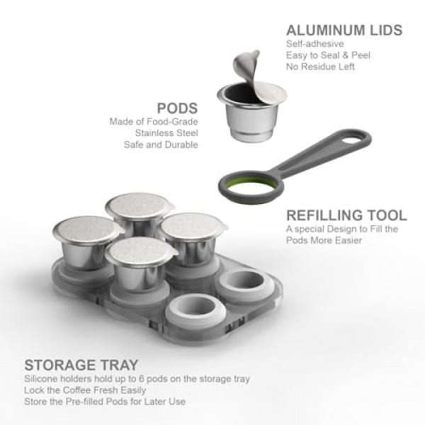 Nespresso OriginalLine용 재사용 가능한 캡슐 - 리필 가능한 커피 포드 6개, Nespresso OriginalLine 머신과 호환되는 스테인리스 스틸 컵(포드 6개 + 뚜껑 100개 + 트레이 + 리필 도구