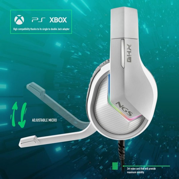 NGS GHX-515 - RGB LED가 있는 게임용 헤드셋, 조정 가능한 헤드밴드, 음소거 및 볼륨 컨트롤, 조정 가능한 마이크, PS/Xbox/PC와 호환, 색상 흰색.