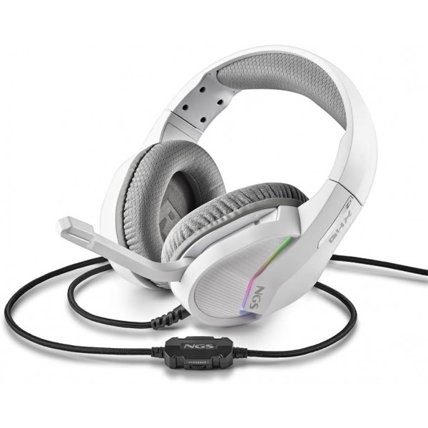 NGS GHX-515 - RGB LED가 있는 게임용 헤드셋, 조정 가능한 헤드밴드, 음소거 및 볼륨 컨트롤, 조정 가능한 마이크, PS/Xbox/PC와 호환, 색상 흰색.