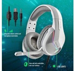 NGS GHX-515 - RGB LED가 있는 게임용 헤드셋, 조정 가능한 헤드밴드, 음소거 및 볼륨 컨트롤, 조정 가능한 마이크, PS/Xbox/PC와 호환, 색상 흰색.
