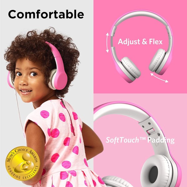 LilGadgets Connect+ Kids Premium Volume Limited 유선 헤드폰 with SharePort 및 인라인 마이크(어린이, 유아용), (분홍색, 3-7세) 분홍색