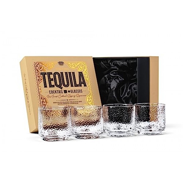 GLASSIQUE CADEAU 데킬라 홀짝과 칵테일 잔 | 4개 세트 | 메즈칼, 마가리타, 팔로마 음주용 10온스 해머드 록스 안경 | 두꺼운 로우볼 안경 | 데킬라 유리 제품 컬렉션