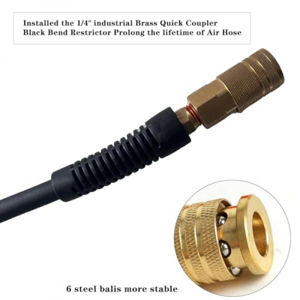 공기 호스 1/4인치 x 25피트, 고강도, 경량, 꼬임 방지, 1/4인치 솔리드 황동 수 피팅이 있는 하이브리드 공기 압축기 호스, 굽힘 제한 장치, 300 PSI(25FT, 검정색)
