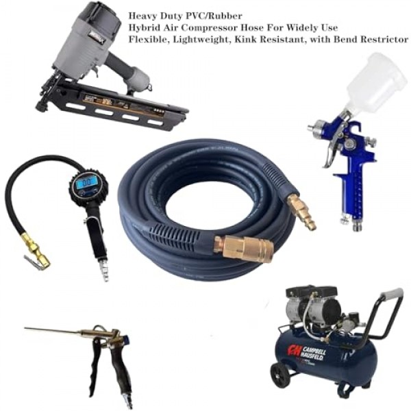 공기 호스 1/4인치 x 25피트, 고강도, 경량, 꼬임 방지, 1/4인치 솔리드 황동 수 피팅이 있는 하이브리드 공기 압축기 호스, 굽힘 제한 장치, 300 PSI(25FT, 검정색)
