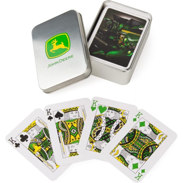 Tomy John Deere 주석 카드 놀이, John Deere 트랙터 이미지가 포함된 52장의 카드 데크, 로고가 있는 수집가용 주석 상자, 6세 어린이용 카드 게임 포함 +