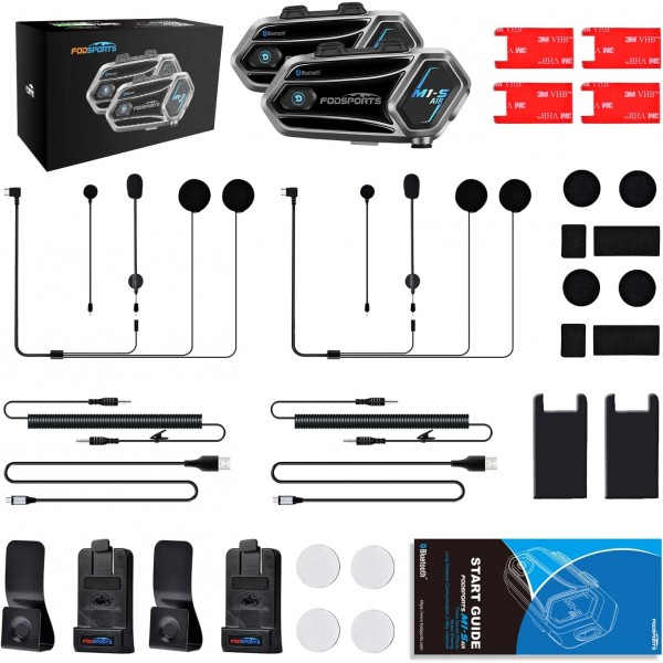 Fodsports M1-S AIR 오토바이 헤드셋, 오토바이 헬멧 블루투스 헤드셋, 900mAh 배터리가 장착된 오토바이 통신 시스템 음악 공유 마이크 음소거 기능 M1-S AIR x 2