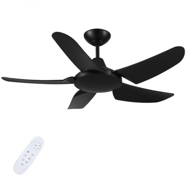 42인치 검정색 천장 선풍기 조명 없음.6단 원격 제어.조용한 가역 DC 모터.5블레이드 실내 또는 지붕이 있는 실외 사용을 위한 현대식 천장 선풍기.