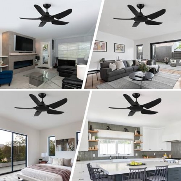 42인치 검정색 천장 선풍기 조명 없음.6단 원격 제어.조용한 가역 DC 모터.5블레이드 실내 또는 지붕이 있는 실외 사용을 위한 현대식 천장 선풍기.