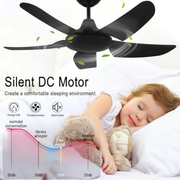 42인치 검정색 천장 선풍기 조명 없음.6단 원격 제어.조용한 가역 DC 모터.5블레이드 실내 또는 지붕이 있는 실외 사용을 위한 현대식 천장 선풍기.