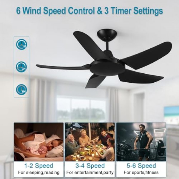 42인치 검정색 천장 선풍기 조명 없음.6단 원격 제어.조용한 가역 DC 모터.5블레이드 실내 또는 지붕이 있는 실외 사용을 위한 현대식 천장 선풍기.