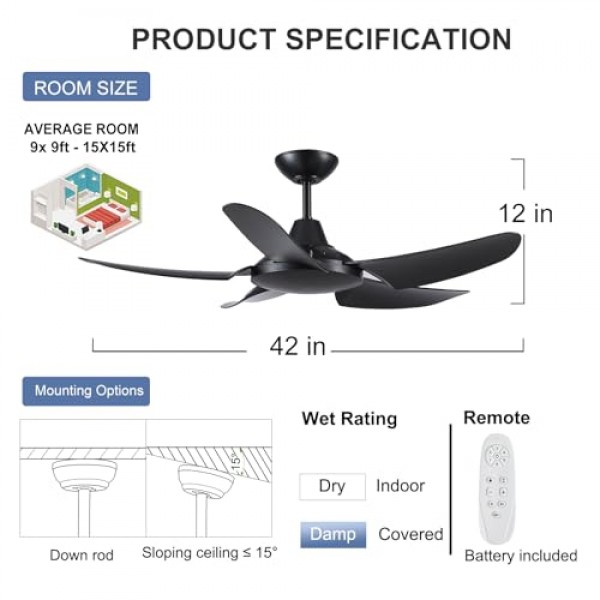 42인치 검정색 천장 선풍기 조명 없음.6단 원격 제어.조용한 가역 DC 모터.5블레이드 실내 또는 지붕이 있는 실외 사용을 위한 현대식 천장 선풍기.