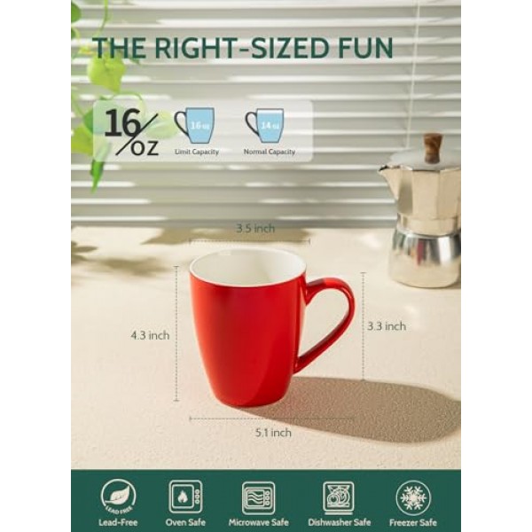 Sweese 도자기 커피 머그 - 16온스(상단에서 가장자리까지) 커피, 라떼, 차, 코코아용, 4개 세트, 레드