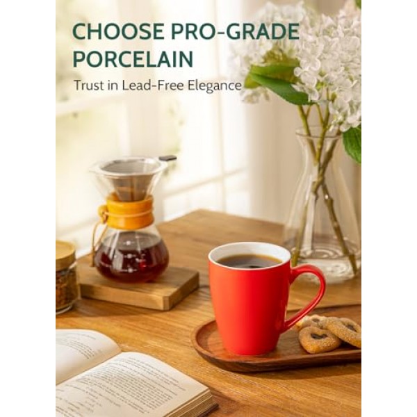 Sweese 도자기 커피 머그 - 16온스(상단에서 가장자리까지) 커피, 라떼, 차, 코코아용, 4개 세트, 레드