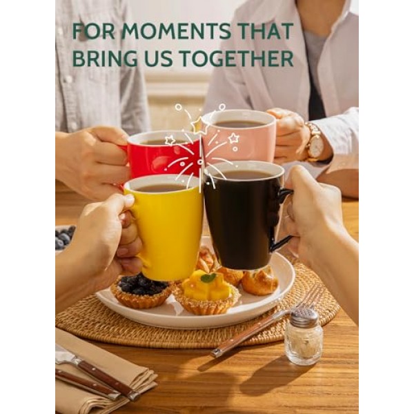 Sweese 도자기 커피 머그 - 16온스(상단에서 가장자리까지) 커피, 라떼, 차, 코코아용, 4개 세트, 레드