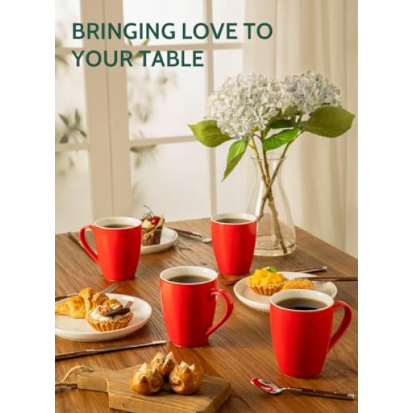 Sweese 도자기 커피 머그 - 16온스(상단에서 가장자리까지) 커피, 라떼, 차, 코코아용, 4개 세트, 레드
