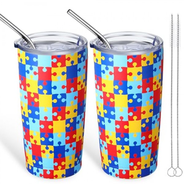 Zopeal 2 조각 자폐증 사람들을위한 자폐증 인식 텀블러 머그, 인식 텀블러 선물 뚜껑 밀짚이있는 진공 절연 이중 벽 텀블러, 남성 여성을위한 20 온스 자폐증 다채로운 