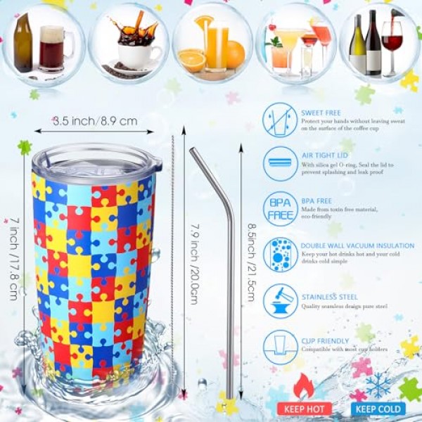 Zopeal 2 조각 자폐증 사람들을위한 자폐증 인식 텀블러 머그, 인식 텀블러 선물 뚜껑 밀짚이있는 진공 절연 이중 벽 텀블러, 남성 여성을위한 20 온스 자폐증 다채로운 