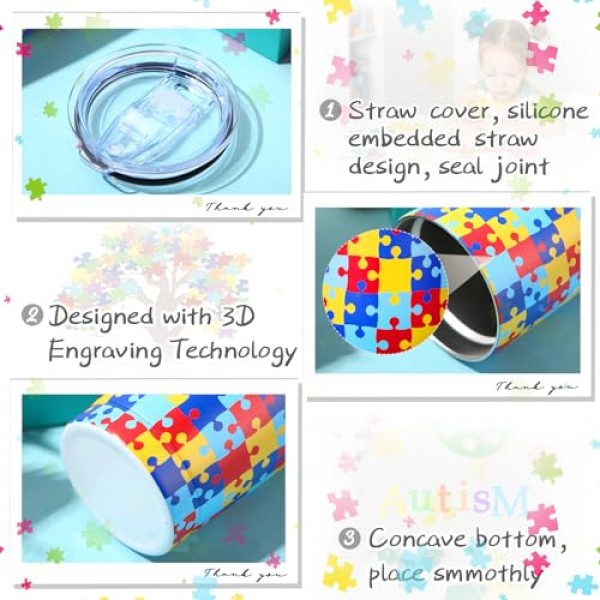 Zopeal 2 조각 자폐증 사람들을위한 자폐증 인식 텀블러 머그, 인식 텀블러 선물 뚜껑 밀짚이있는 진공 절연 이중 벽 텀블러, 남성 여성을위한 20 온스 자폐증 다채로운 