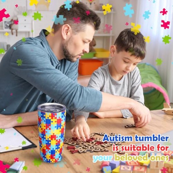 Zopeal 2 조각 자폐증 사람들을위한 자폐증 인식 텀블러 머그, 인식 텀블러 선물 뚜껑 밀짚이있는 진공 절연 이중 벽 텀블러, 남성 여성을위한 20 온스 자폐증 다채로운 