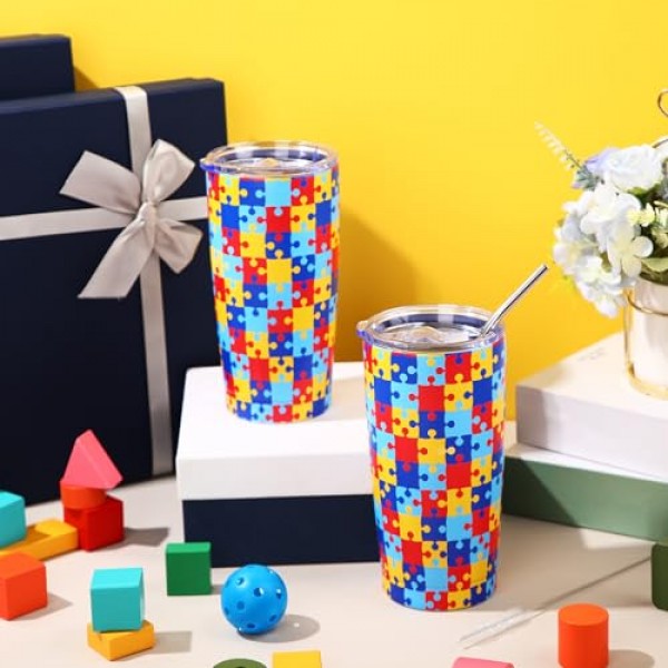 Zopeal 2 조각 자폐증 사람들을위한 자폐증 인식 텀블러 머그, 인식 텀블러 선물 뚜껑 밀짚이있는 진공 절연 이중 벽 텀블러, 남성 여성을위한 20 온스 자폐증 다채로운 