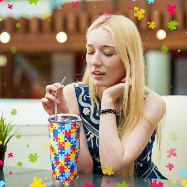 Zopeal 2 조각 자폐증 사람들을위한 자폐증 인식 텀블러 머그, 인식 텀블러 선물 뚜껑 밀짚이있는 진공 절연 이중 벽 텀블러, 남성 여성을위한 20 온스 자폐증 다채로운 