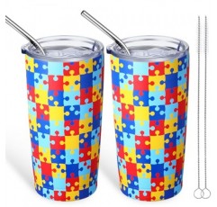 Zopeal 2 조각 자폐증 사람들을위한 자폐증 인식 텀블러 머그, 인식 텀블러 선물 뚜껑 밀짚이있는 진공 절연 이중 벽 텀블러, 남성 여성을위한 20 온스 자폐증 다채로운 