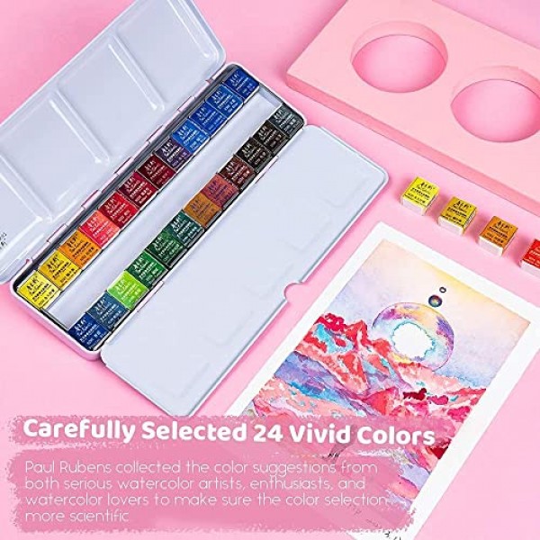 Paul Rubens 전문 수채화 물감 세트 아티스트 등급, 예술가, 초보자, 애호가, 학생을 위한 휴대용 금속 상자가 포함된 24가지 생생한 색상