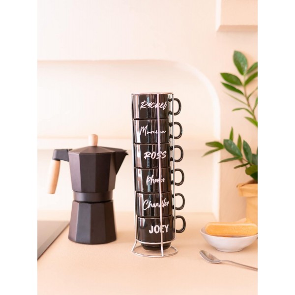 Grupo Erik Set by Friends | 스탠드와 6 커피 컵 | 뉴욕의 유명한 시리즈의 주인공들의 이름이 새겨진 머그 6개, 커피 머그 세트