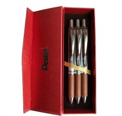 Pentel BL77 젤 롤러 볼 펜 EnerGel with push mechanism, 브라운 3개 + 레드 케이스, 0.7mm (선물 세트)