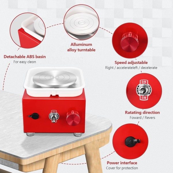 Kotsy Electric Pottery Wheel, Mini Electric Pottery Wheel 6.5/10 cm 턴테이블, 2000 rpm 조정 가능한 속도, 초보자 및 어린이 공예품 주조 선물 DIY (빨간색) 루즈를위한 도자기 세트