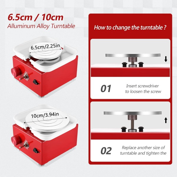 Kotsy Electric Pottery Wheel, Mini Electric Pottery Wheel 6.5/10 cm 턴테이블, 2000 rpm 조정 가능한 속도, 초보자 및 어린이 공예품 주조 선물 DIY (빨간색) 루즈를위한 도자기 세트