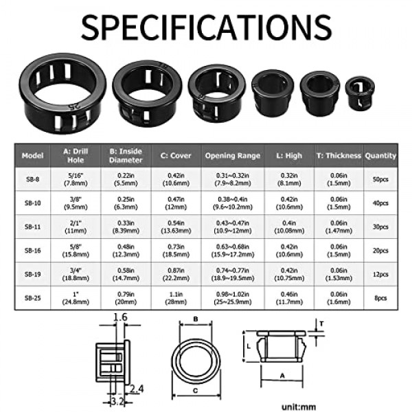 170개 케이블 스냅 부싱 그로밋, 검정색 원형 나일론 스냅인 케이블 그로밋 보호기, 5/16 3/8 1/2 5/8 3/4 1 케이블 스냅 구멍 플러그 잠금 부싱 분류 키트