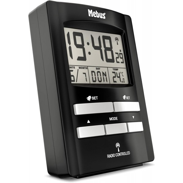 온도 표시 기능이 있는 MEBUS 디지털 라디오 알람 시계, 알람 시간 2개 및 달력, 라디오 시계/재질: 플라스틱/색상: 블랙/모델: 51500, 10.5 x 6.7 x 4 cm
