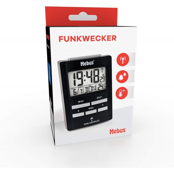 온도 표시 기능이 있는 MEBUS 디지털 라디오 알람 시계, 알람 시간 2개 및 달력, 라디오 시계/재질: 플라스틱/색상: 블랙/모델: 51500, 10.5 x 6.7 x 4 cm