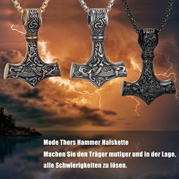 AFSTALR 바이킹 주얼리 남성용 목걸이 토르의 망치 목걸이 - 북유럽 신화 Mjolnir 바이킹 룬 문자 망치 스테인레스 스틸 체인 바이킹 남성용 선물 50/60/70 cm 실버/블랙/골드