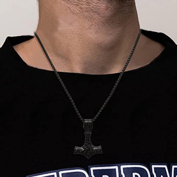 AFSTALR 바이킹 주얼리 남성용 목걸이 토르의 망치 목걸이 - 북유럽 신화 Mjolnir 바이킹 룬 문자 망치 스테인레스 스틸 체인 바이킹 남성용 선물 50/60/70 cm 실버/블랙/골드
