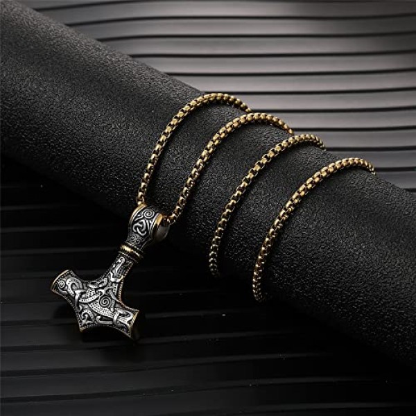 AFSTALR 바이킹 주얼리 남성용 목걸이 토르의 망치 목걸이 - 북유럽 신화 Mjolnir 바이킹 룬 문자 망치 스테인레스 스틸 체인 바이킹 남성용 선물 50/60/70 cm 실버/블랙/골드
