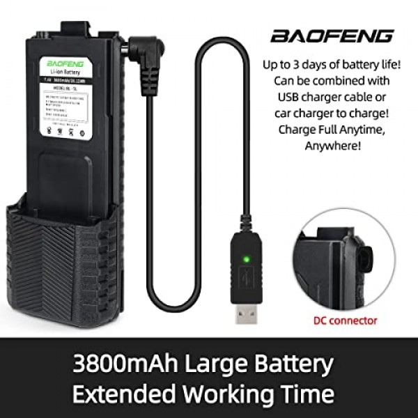 BAOFENG 2팩 BL-5 3800mAh 확장 배터리 워키토키 UV-5R BF-8HP UV-5RX3 RD-5R UV-5RTP UV-5R MK2 MK3X MK5 Plus 등(2팩 3800mAh 배터리 + USB 충전기 케이블)