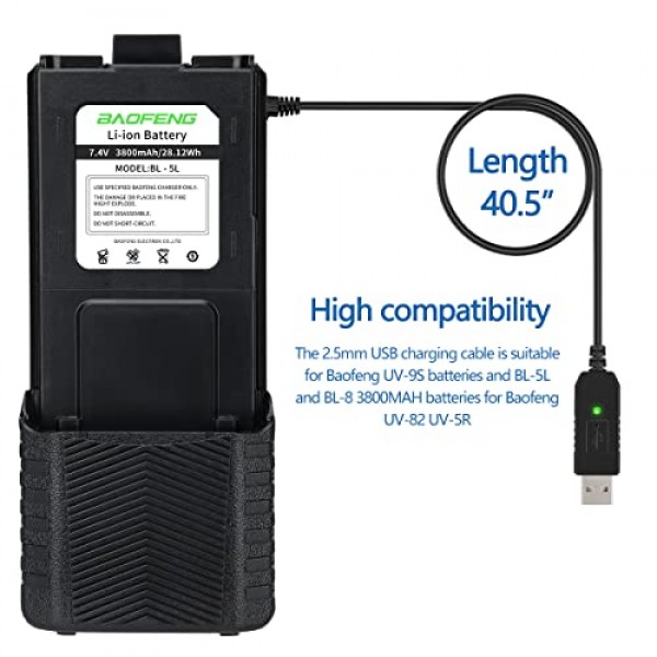 BAOFENG 2팩 BL-5 3800mAh 확장 배터리 워키토키 UV-5R BF-8HP UV-5RX3 RD-5R UV-5RTP UV-5R MK2 MK3X MK5 Plus 등(2팩 3800mAh 배터리 + USB 충전기 케이블)