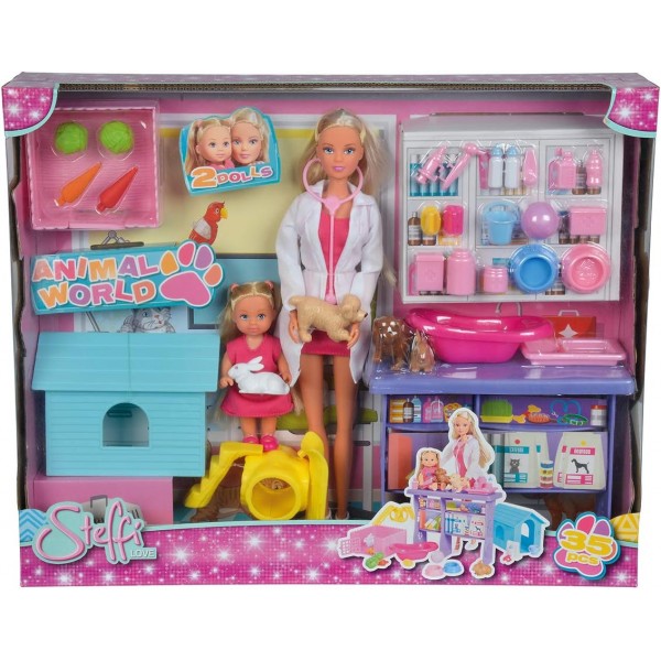 Simba 105733040 Steffi Love Animal World, 4마리의 동물과 함께 인형 놀이, 테이블, 개집, 토끼 우리, 놀이터 및 많은 액세서리, 35개의 부품, 29cm, 12cm, 3세부터