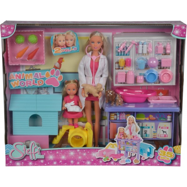 Simba 105733040 Steffi Love Animal World, 4마리의 동물과 함께 인형 놀이, 테이블, 개집, 토끼 우리, 놀이터 및 많은 액세서리, 35개의 부품, 29cm, 12cm, 3세부터