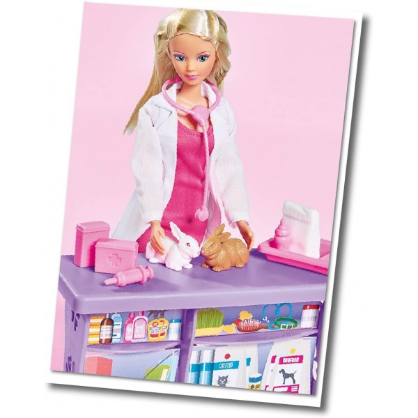 Simba 105733040 Steffi Love Animal World, 4마리의 동물과 함께 인형 놀이, 테이블, 개집, 토끼 우리, 놀이터 및 많은 액세서리, 35개의 부품, 29cm, 12cm, 3세부터