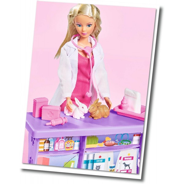 Simba 105733040 Steffi Love Animal World, 4마리의 동물과 함께 인형 놀이, 테이블, 개집, 토끼 우리, 놀이터 및 많은 액세서리, 35개의 부품, 29cm, 12cm, 3세부터