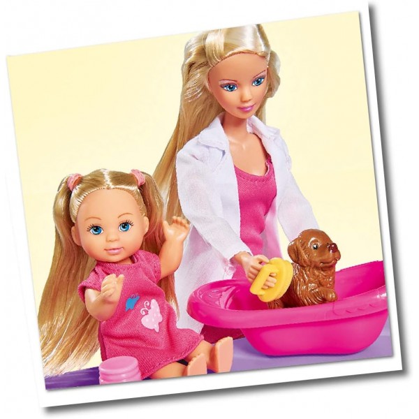 Simba 105733040 Steffi Love Animal World, 4마리의 동물과 함께 인형 놀이, 테이블, 개집, 토끼 우리, 놀이터 및 많은 액세서리, 35개의 부품, 29cm, 12cm, 3세부터