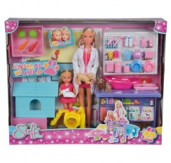 Simba 105733040 Steffi Love Animal World, 4마리의 동물과 함께 인형 놀이, 테이블, 개집, 토끼 우리, 놀이터 및 많은 액세서리, 35개의 부품, 29cm, 12cm, 3세부터