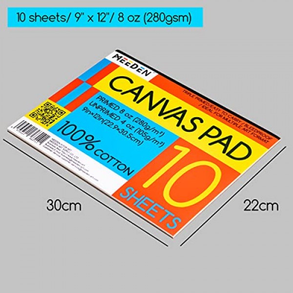 MEEDEN 캔버스 패드 9x12인치, 2개 팩, 10매, 8온스 삼중 프라이밍 처리된 100% 면 무산 캔버스 종이 패드, 아크릴 및 유화용 캔버스 종이, 혼합 미디어 기법을 위한 미술 용