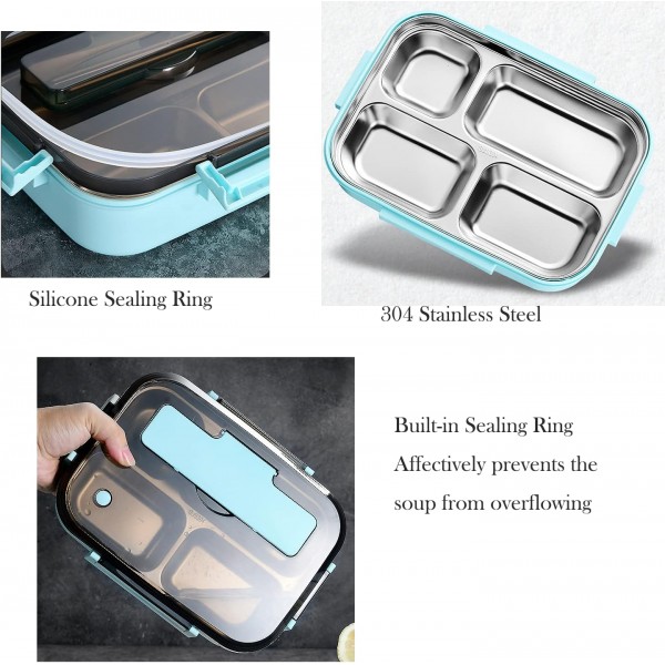 Merecho 도시락 도시락 상자, 칸막이와 칼 붙이가있는 스테인리스 도시락, 전자 레인지 및 식기 세척기를위한 1200ml 보관 상자, 학교 작업 피크닉 여행