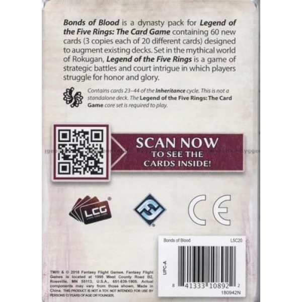 다섯 반지의 전설: 카드 게임 혈왕조의 결속 팩 | 성인과 청소년을 위한 전술 전략 게임 | 14세 이상 | 2명의 플레이어 | 평균 플레이 시간 45~90분 | 판타지 플라이트 게임