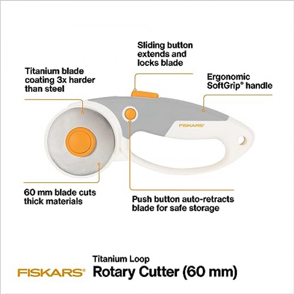 Fiskars 직물용 60mm 로터리 커터 - 티타늄 로터리 커터 블레이드 - 공예 용품 - 공예, 봉제 및 퀼팅 프로젝트 - 흰색